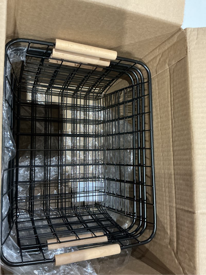 Condition photo showing Good Condition for wire basket 4 pcs wire storage baskets wire baskets organizing with wooden handles wire basket pantry organization and storage metal wire food storage basket for kitchen, cabinets (black 4pcs)