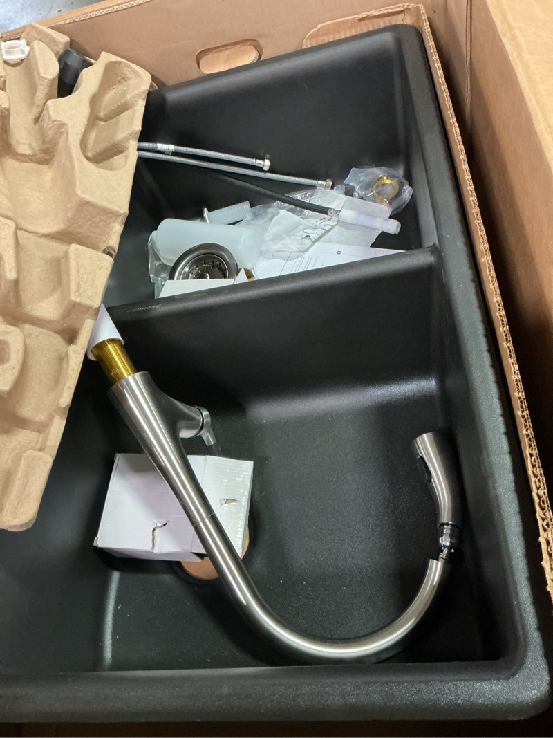 Condition photo showing As Is for KOHLER Ealing Drop-in or undermount 33-in x 22-in Composite Double equal bowl Kitchen Sink All-in-One Kit