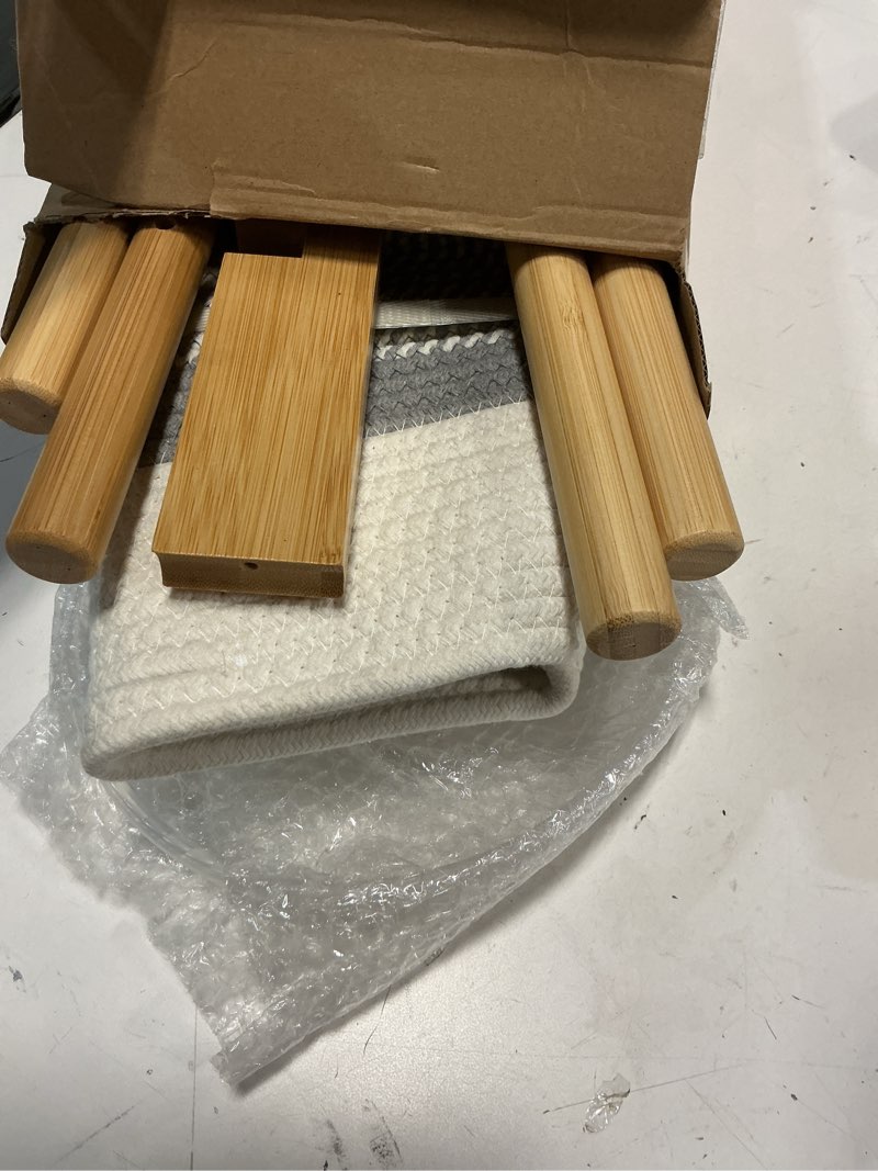 Condition photo showing Good Condition for Sunnychicc Plant Basket with Stand Indoor Planter Pot Holder Sturdy Jute Rope Modern Woven Basket, Cotton Rope Woven Pot with Bamboo Stand(10 Inch,White and Gray)