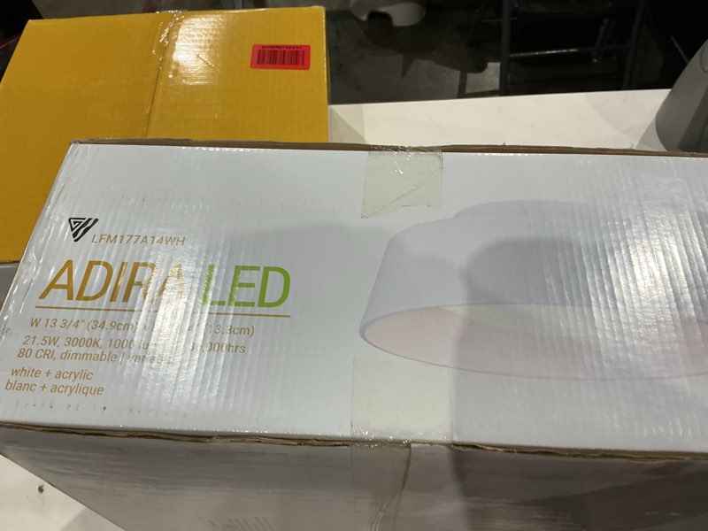 Condition photo showing New/Like New for canarm adira 14-inch led flush mount ceiling light, white acrylic drum, integrated dimmable led, modern lighting for bedroom or kitchen