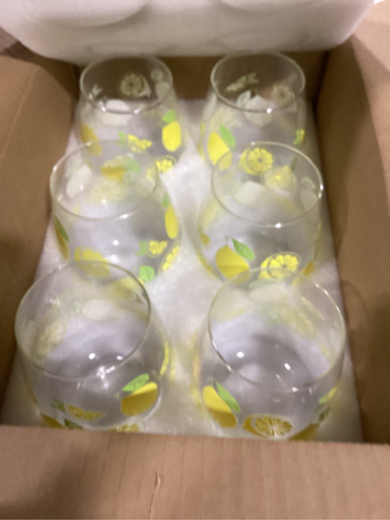 Condition photo showing As Is for maxcheck 6 pcs lemon wine glass set 18 oz summer stemless glasses with yellow lemon designs for summer wedding birthday present holiday party gift