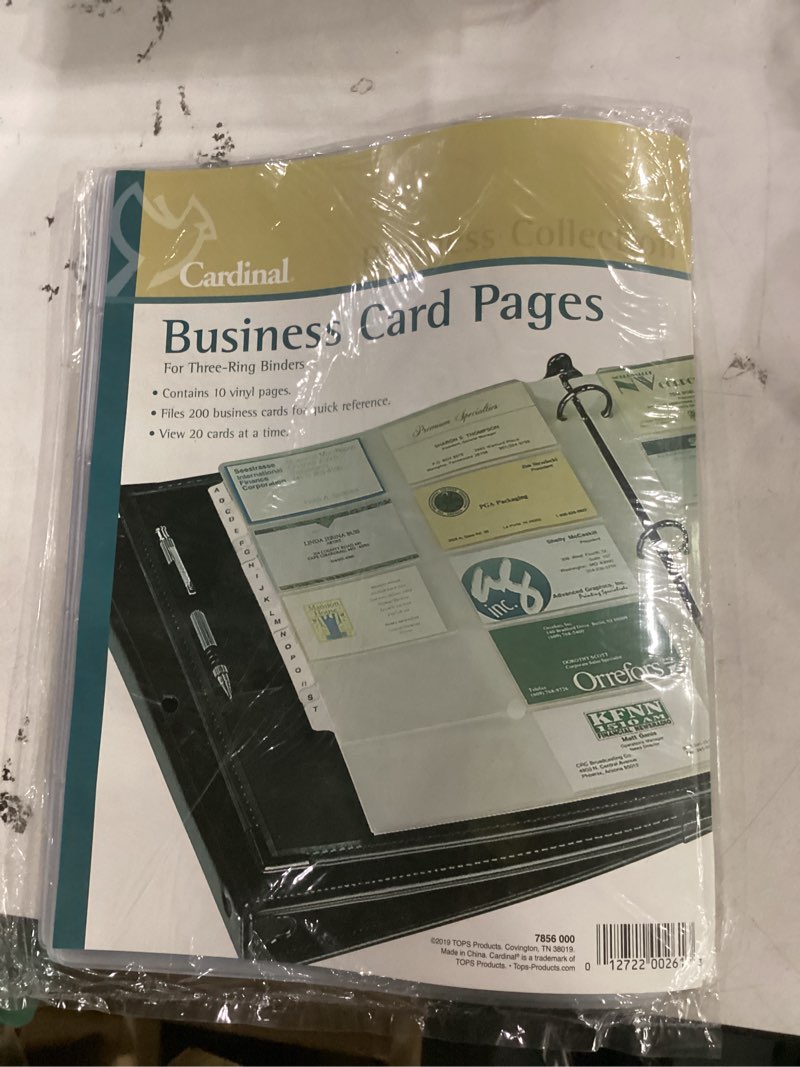 Condition photo showing New/Like New for cardinal business card refill pages  holds 200 cards  clear  20 cards/sheet  10/pack
