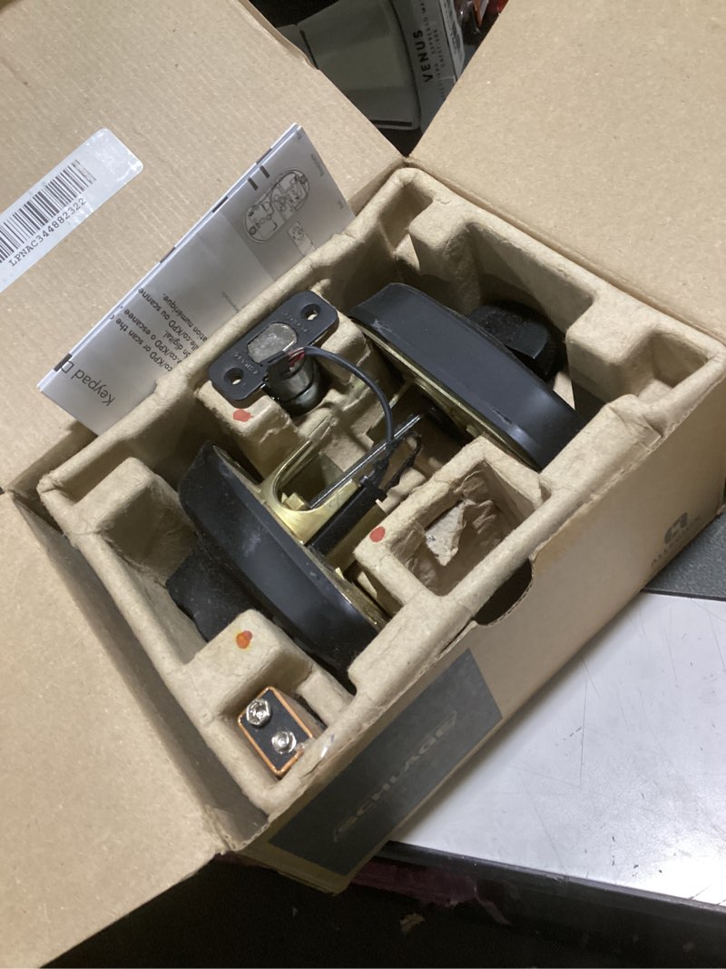 Condition photo showing As Is for schlage plymouth electronic keypad deadbolt lock, keyless front door entry, mechanical key backup included, matte black, be365 ply 622 matte black pack of 1 plymouth