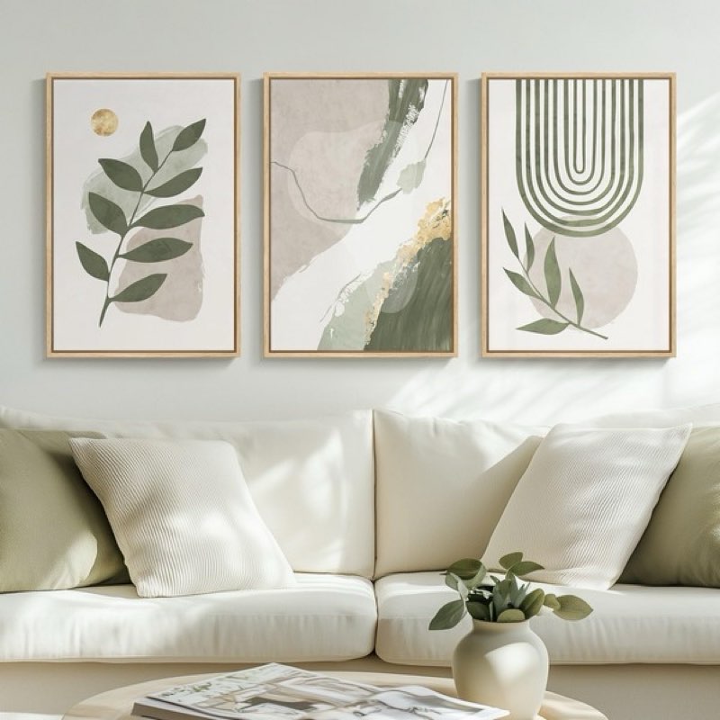 Framed Boho Sage Green Abstract Wall Art for Living Room, 3 Piece Leaf Botanical Gold Sun Canvas Art
