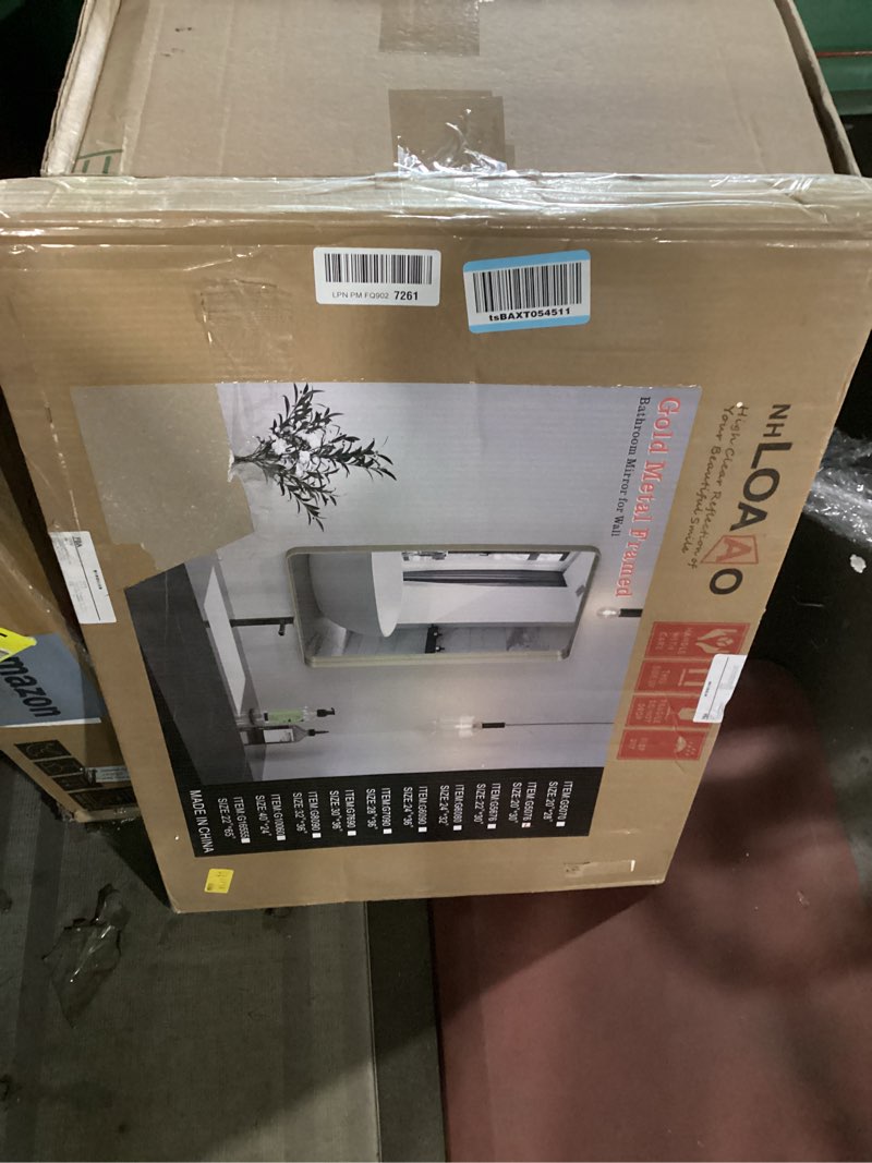 Condition photo showing New/Like New for loaao 20”x30” gold bathroom mirror, rounded rectangle gold frame mirror, brushed gold bathroom vanity mirror wall-mounted, anti-rust, hangs horizontally or vertically