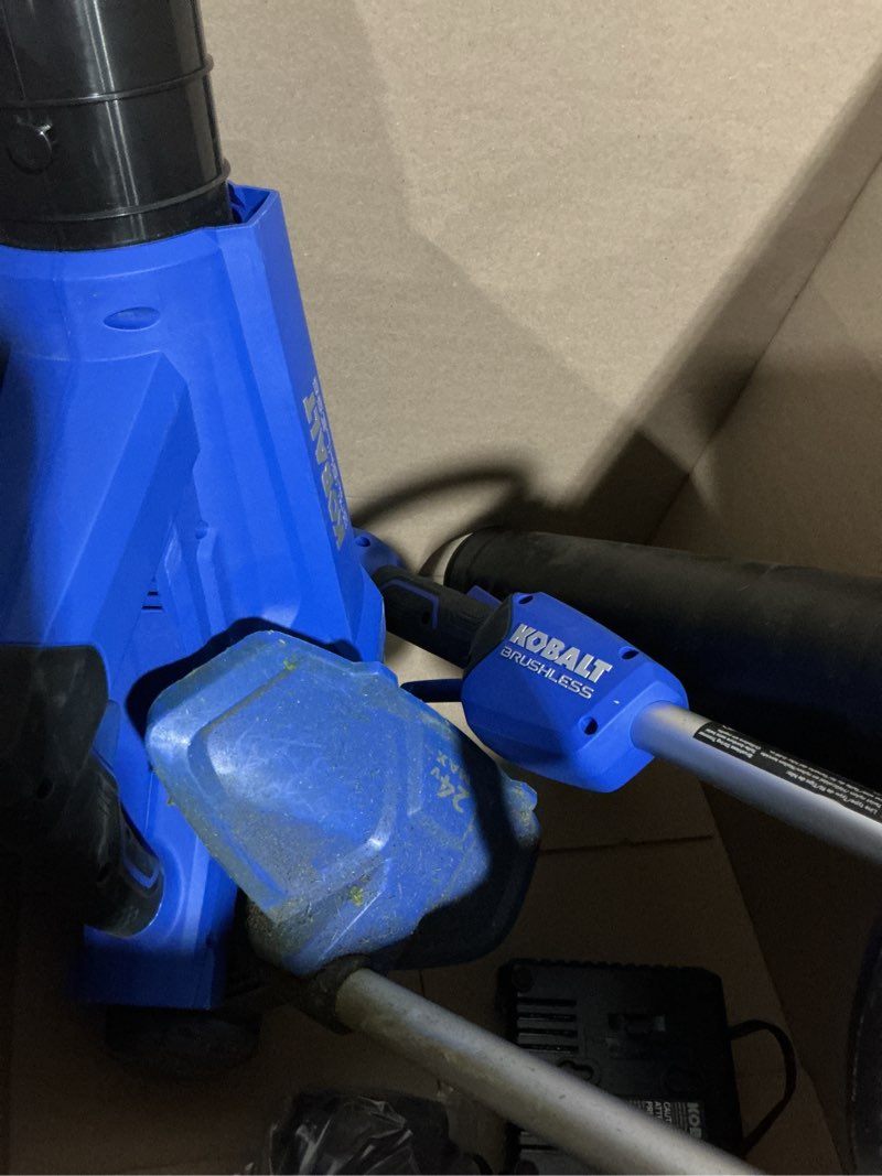 Condition photo showing As Is for kobalt quiet tech 24-volt cordless battery string trimmer and leaf blower and combo kit 4 ah (battery included) (charger included)