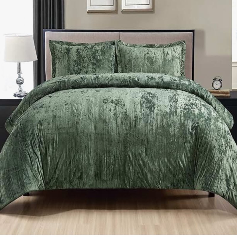 Fredsure Crinkle Velvet Comforter Set, 4- Pieces Blackish Green Queen, Crinkle Velvet Face and Brushed. ( Similar stock photo, see additional pictures)