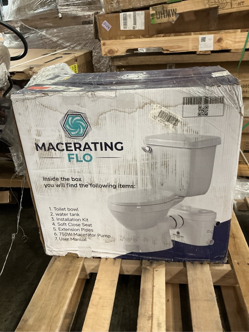 Condition photo showing New/Like New for macerating 2-piece toilet with 600w macerator pump in white, 1.6 gpf single flush, 16.5 in. seat height, extension pipes