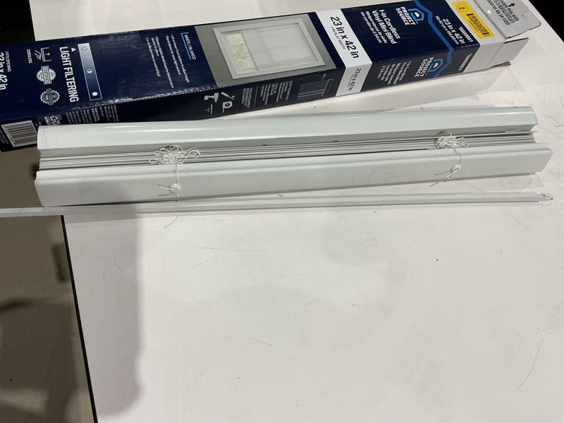 Condition photo showing As Is for not exact but similar. 1\\\\\\\" cordless mini blinds 23\\\\\\\" w x 42\\\\\\\" h, white vinyl blinds, horizontal light filtering blinds, window blinds for indoor windows, office, kitchen, bathroom and living room. 23\\\\\\\"w x 42\\\\\\\"h