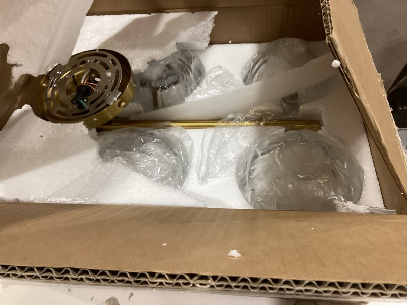 Condition photo showing Good Condition for Meybiok Bathroom Light Fixtures, 4-Lights Brushed Gold Bathroom Vanity Light Fixtures with Ribbed Clear Tulip Glass Shade, Vanity Wall Lights Over Mirror for Bedroom Living Room Brushed Gold-Tulip Clear 4-Light