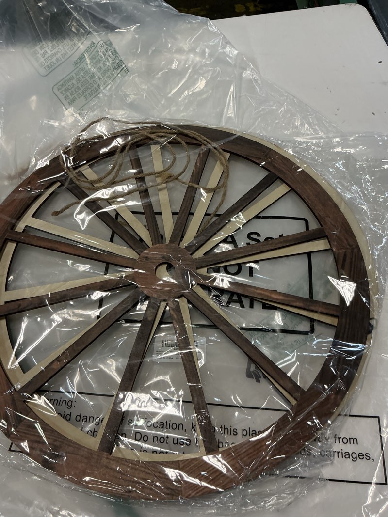 Condition photo showing Good Condition for Qunclay 2 Pcs Wagon Wheel Decor Wooden Western Cowboy Party Decorations Vintage Rustic Wagon Wheel Wood Cartwheel Decor for Bar Garage Indoor Outdoor (Brown,18 Inch) 18 Inch Brown