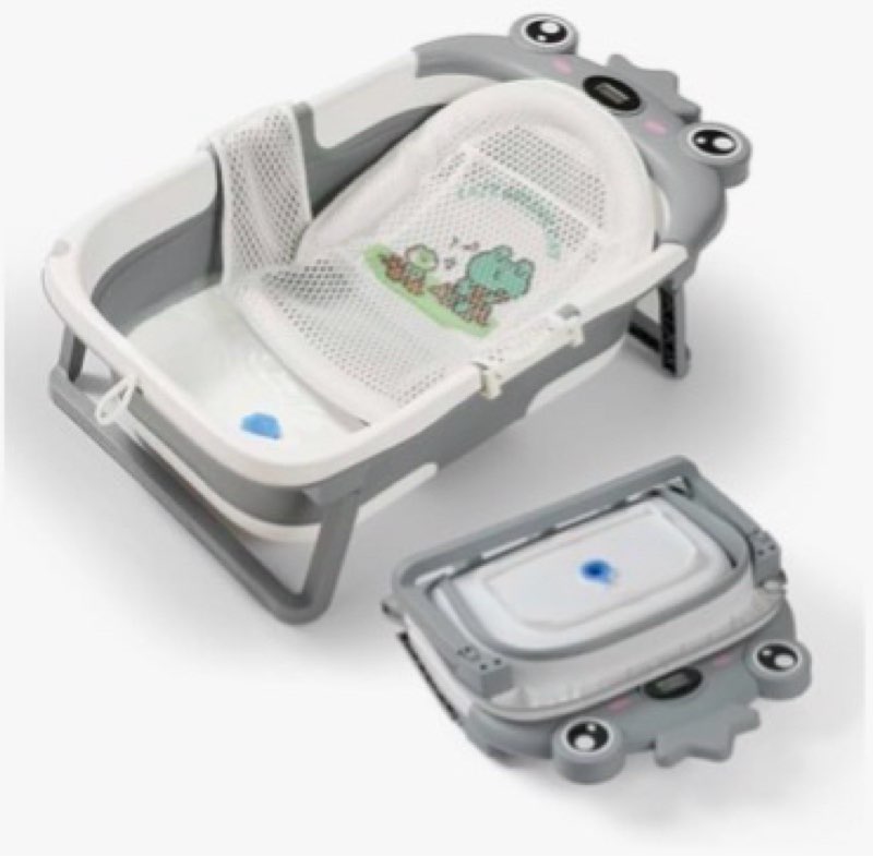 Baby Bathtub,Collapsible Baby Bath Tub with Soft Cushion & Thermometer, Space Saving Foldable & Travel Newborn Bathtub for Infant to Toddler 0-36 Months, Frog Gray