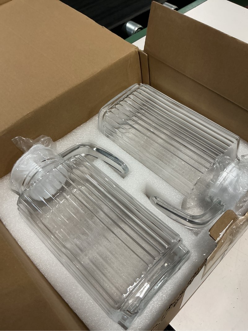 Condition photo showing Good Condition for glass pitcher with lid – 2 pack 55 oz glass water pitcher, iced tea pitcher with handle, ribbed juice container for fridge, glass beverage container for lemonade, milk, drinks