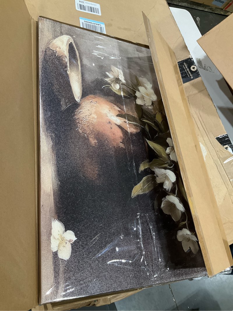 Condition photo showing Good Condition for Framed Canvas Wall Art, Vintage Botanical Moody Poster Prints, Rustic Farmhouse Still Life Painting Wall Decor Of White Flowers in Clay Vase, for Living Room, Bedroom, Kitchen,Gallery,Bathroom16X24IN Vintage Flowers1 16"L x 24"W