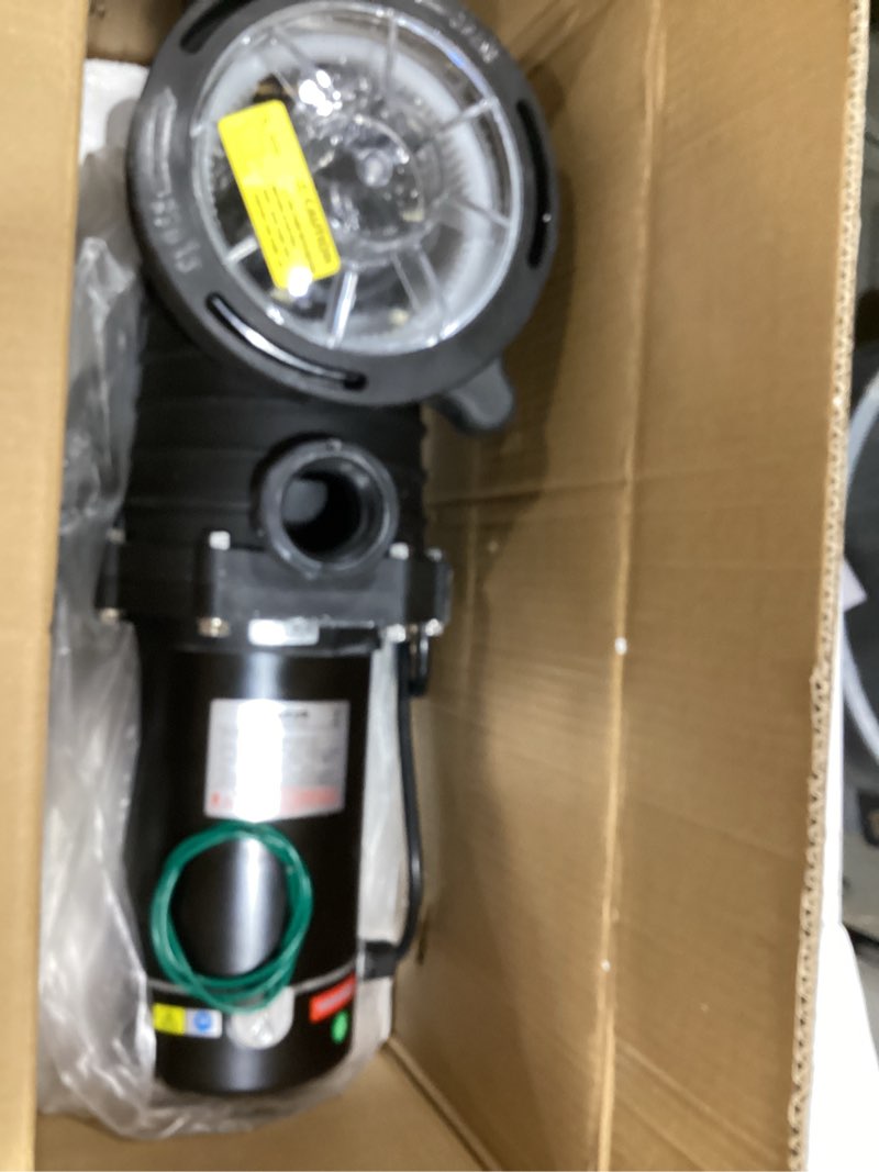 Condition photo showing As Is for seeutek 1.5 hp pool pump for above ground & inground pools – 6600 gph self-priming, dual voltage (115v/230v), 60hz silent operation, includes strainer filter basket. matta black