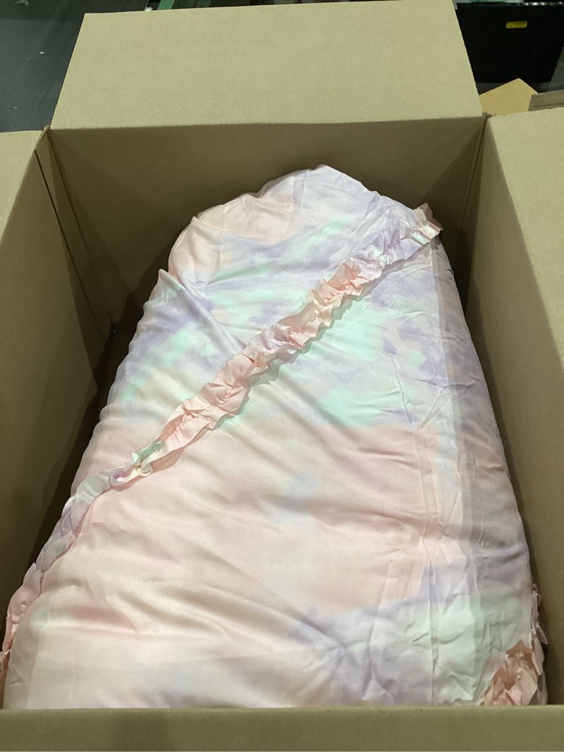 Condition photo showing As Is for incomplete)))))))heritage kids emelie ruffle comforter set, full/queen, multi rainbow pastel full/queen