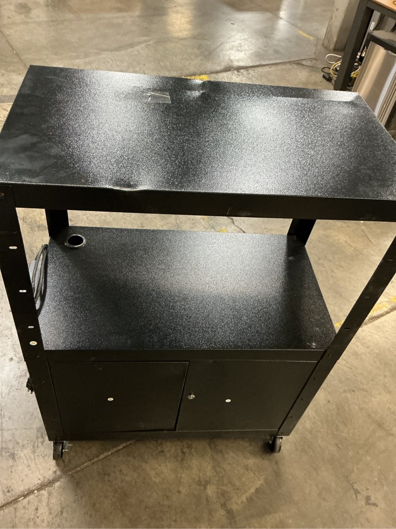 Condition photo showing As Is for garvee rolling av cart with locking cabinet, laptop stand, and drop leaves, height adjustable mobile utility cart workstation with extra storage space, power strip