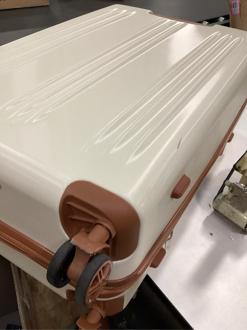 Condition photo showing As Is for Kono Lightweight 28 Inch Expandable Luggage with Quiet Spinner Wheels TSA Lock, Scratch and Drop Resistant PC+ABS Hardside Durable Large Checked Suitcase, Cream White & Brown 28" Check-in Cream White