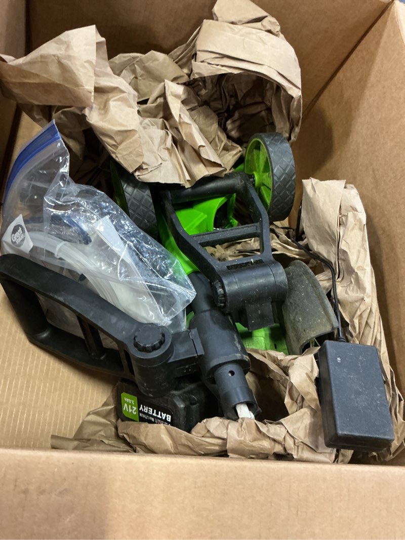 Condition photo showing As Is for 20,000rpm cordless electric weed wacker, 800w brushless weed eater with wheels, 12" 4-in-1 string trimmer lawn edger mini lawn mower brush cutter, foldable, 21v, 2×4.0ah batteries power display green
