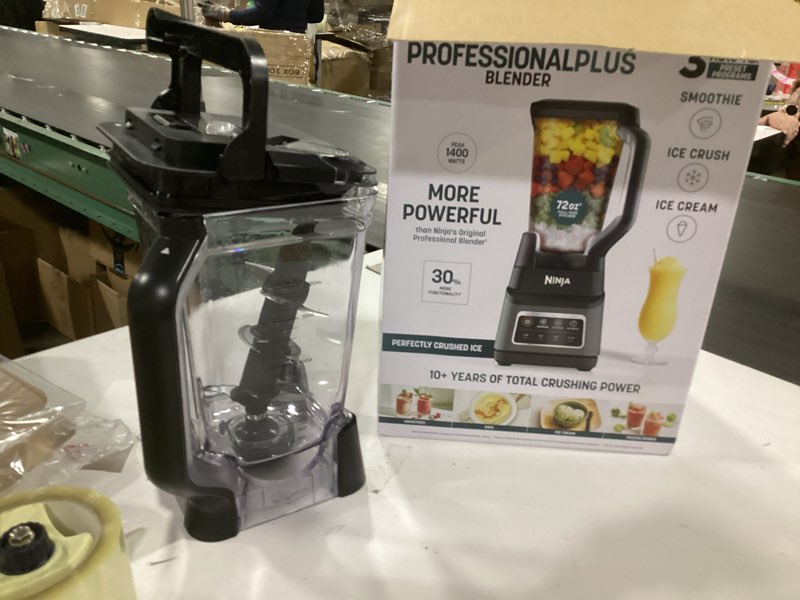 Condition photo showing As Is for ninja professional plus blender | max power smoothie blender, ice cream maker, frozen drink mixer & margarita machine | 3 auto iq™ presets, 1400 w, 72oz total crushing pitcher | dark grey, bn701 72 oz. blender + total crushing pitcher