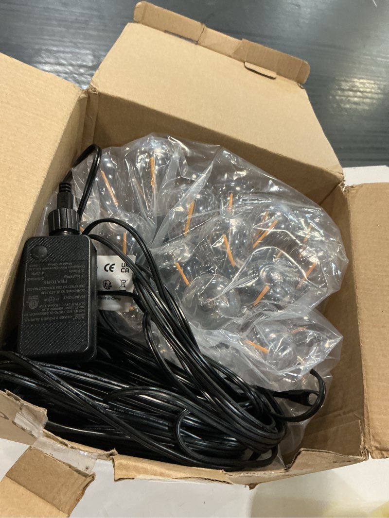 Condition photo showing Good Condition for luckystyle 100ft led outdoor string lights with remote, 35+ 1 shatterproof bulbs waterproof and dimmable patio lights for porch, garden, backyard, deck, balcony, 2200k hanging lighting warm yellow-2200k 100ft