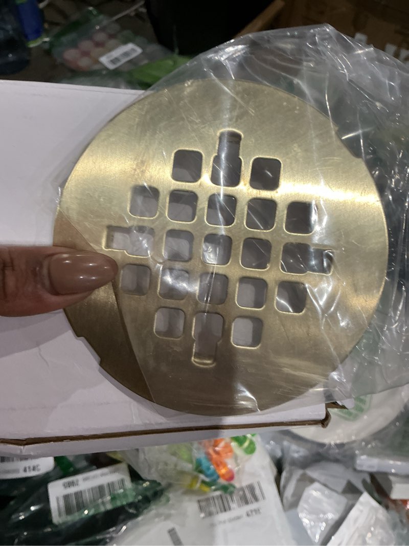 Condition photo showing Good Condition for gold brushed snap-in shower drain cover replacement, welsan stainless steel 4-1/4" od round shower strainer grid easy to install
