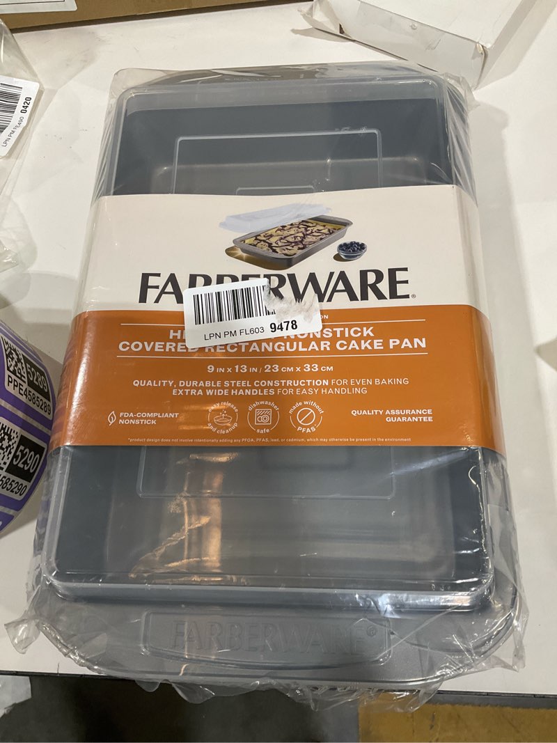 Condition photo showing As Is for Farberware 9-Inch x 13-Inch Nonstick Bakeware Covered Rectangular Cake Pan  Gray
