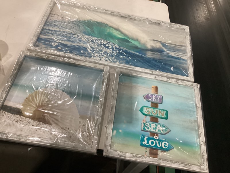 Condition photo showing Good Condition for ocean wall art wooden framed: beach artwork coastal prints set of 4 seascape wall decor for living room overall 36"w x 24"h blue rolling waves 12"x12"x2 pcs + 12"x24"x2 pcs