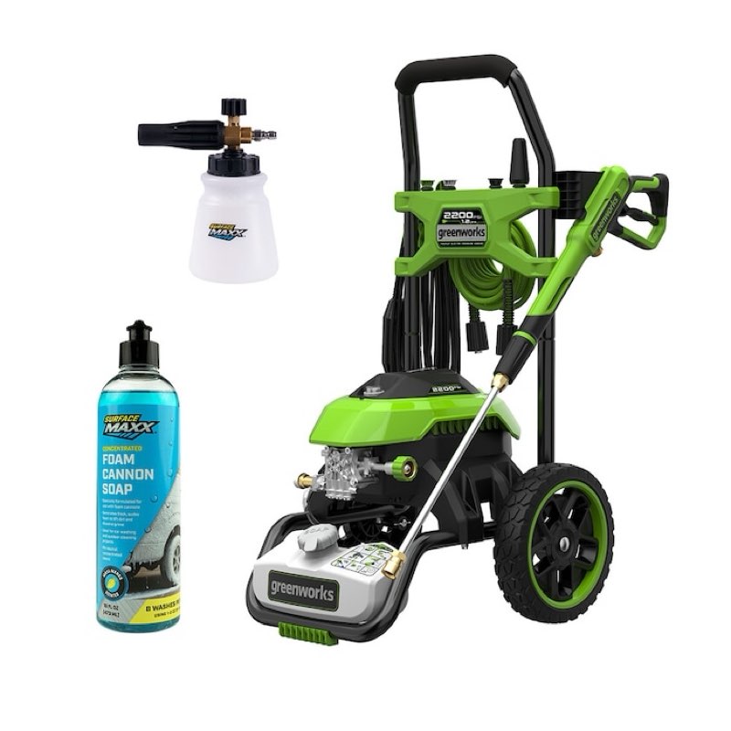 greenworks greenworks pro 2200 psi 1.2-gpm electric pressure washer with foam cannon & foam cannon soap bundle