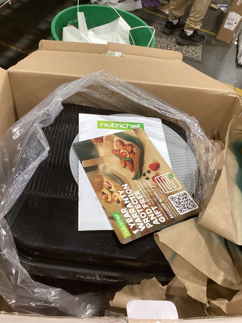 Condition photo showing As Is for nutrichef 5.8 quart air fryer | 8-1 preset cook modes | transparent fry bowl for best cooking results | cook shrimp, steak, fries, wings, chicken & more | precise temperature control & time | grey