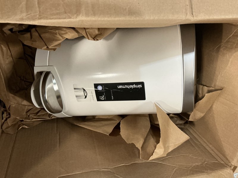 Condition photo showing As Is for simplehuman 6 liter / 1.6 gallon semi-round bathroom step trash can, white steel white 6l
