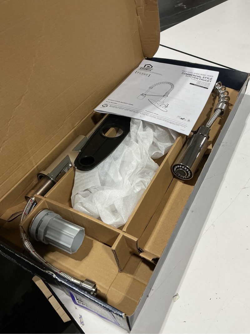 Condition photo showing New/Like New for project source flynt chrome single handle pull-down kitchen faucet with sprayer (deck plate included)