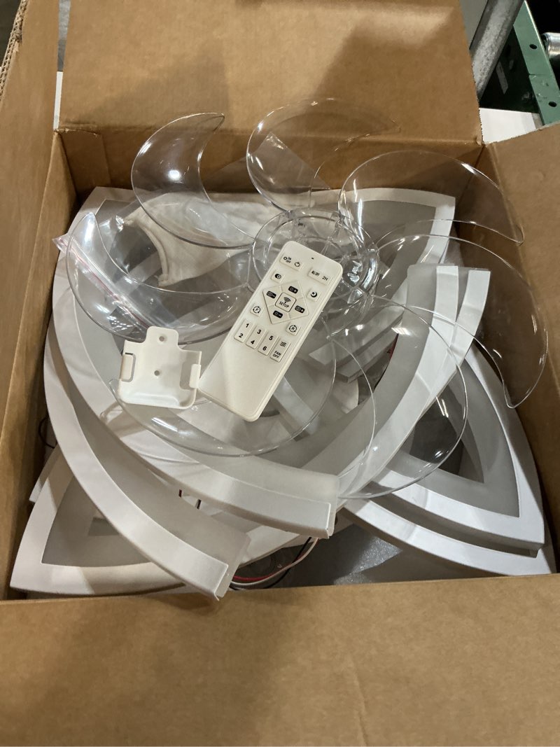Condition photo showing As Is for flush mount ceiling fan with lights, 24" white ,remote control, 6 speeds 3 light color low profile ceiling fan for kitchen