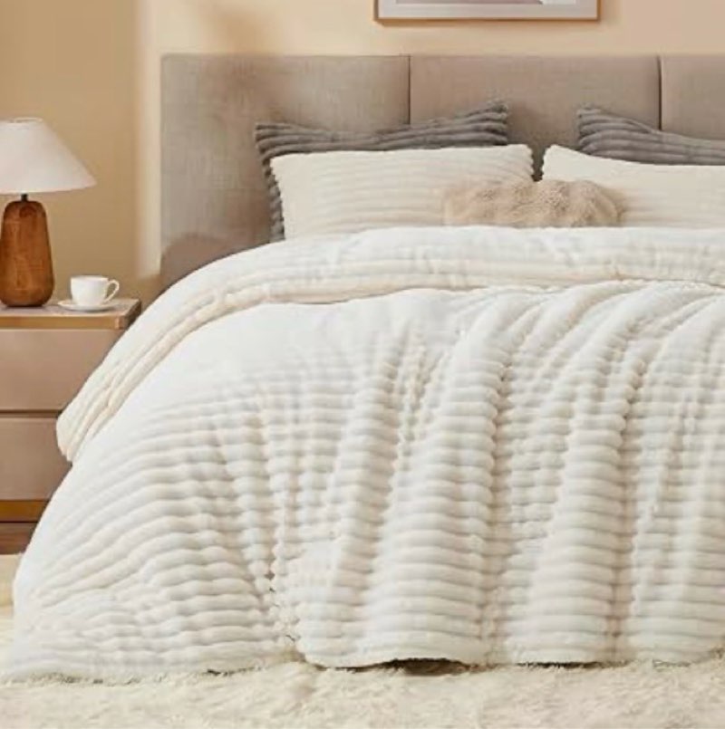 bedelite fleece california king comforter set -super soft & warm fluffy cream white bedding, luxury 