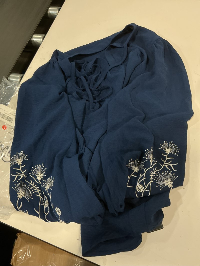 Condition photo showing Good Condition for Blouses for Women Dressy Casual Embroidered Boho Tops Trendy Puff Long Sleeve Peplum Babydoll Shirts Navy Blue-white Flower Large