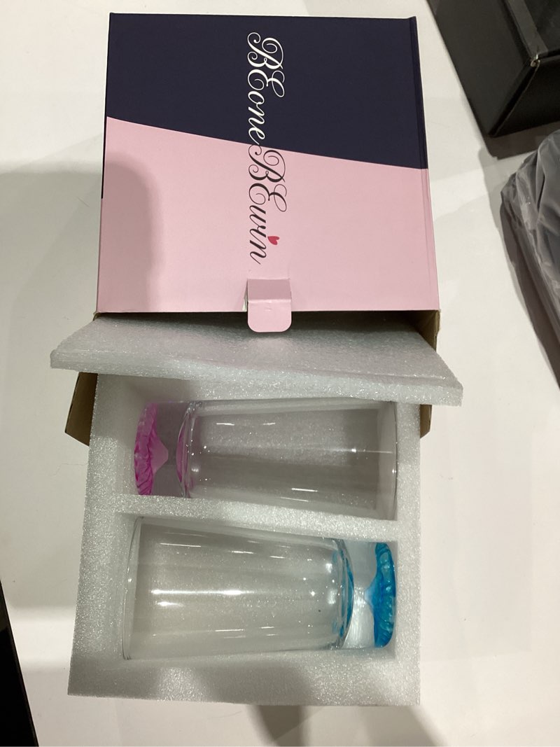 Condition photo showing Good Condition for 12oz Iceberg Clear Glass Cup, Pink and Blue Set of 2 Cocktail and Drinking Cups, Creative Gift for Couple Engagement Wedding Bride and Groom blue & pink