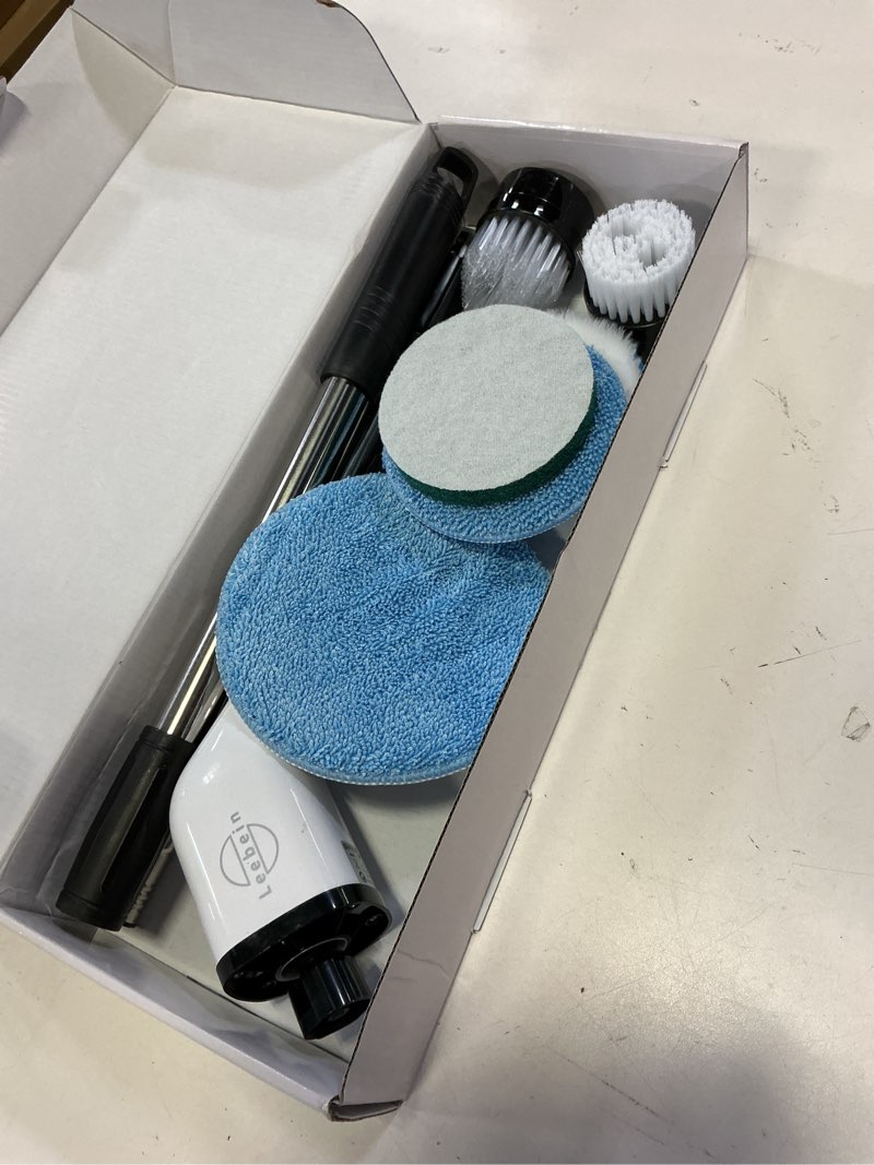 Condition photo showing Good Condition for leebein electric spin scrubber, cordless cleaning brush with 8 replaceable brush heads, tub and floor tile 360 power scrubber dual speed with adjustable & detachable handle for bathroom kitchen car white
