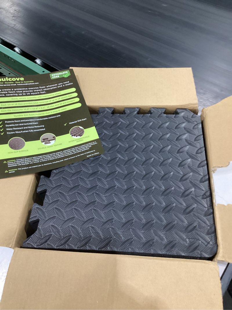 Condition photo showing New/Like New for 18pcs(12.6"x12.6"x0.4", 18sqft) puzzle exercise mat, eva interlocking foam floor tiles, non-slip, protective, water-resistant flooring for home gym & workout equipment black