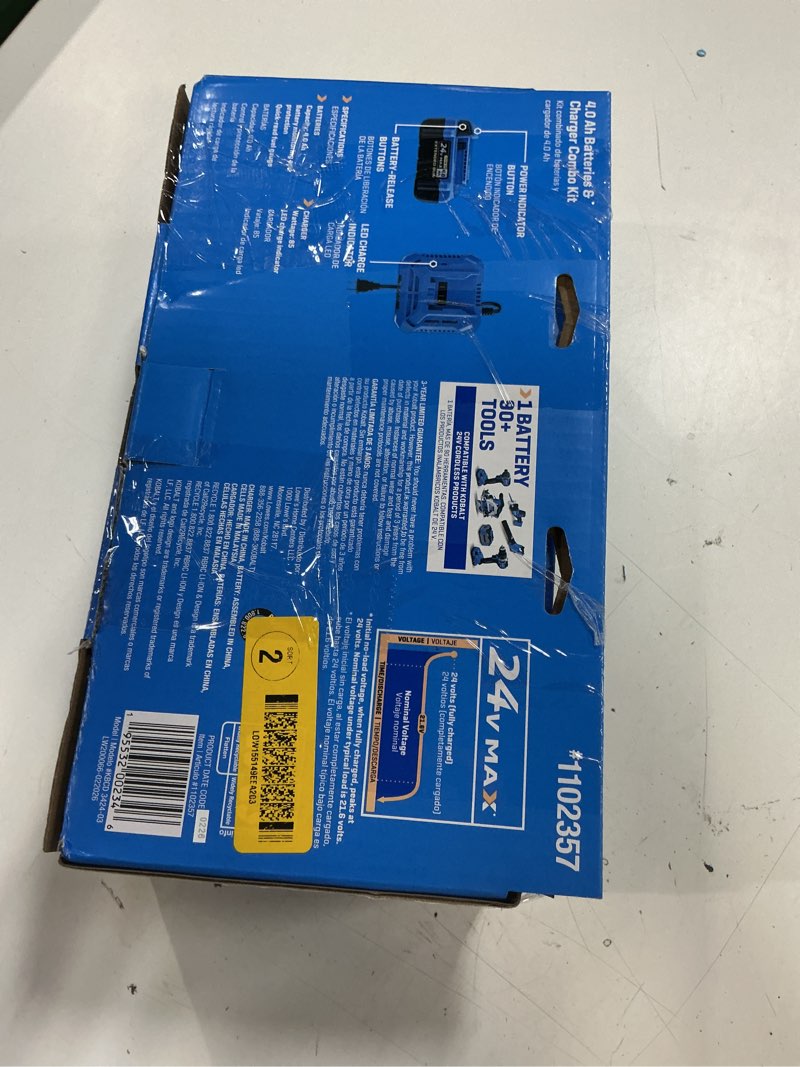 Condition photo showing As Is for kobalt 24-v 2-pack lithium-ion battery and charger (4 ah)