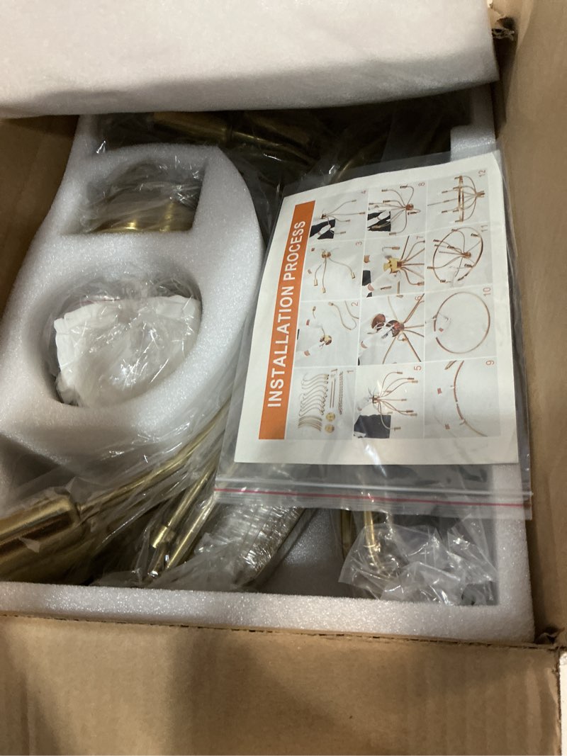Condition photo showing New/Like New for widluth modern gold chandelier vintage 9-lights mid century modern candle style chandelier light fixture rustic industrial golden chandelier for dining room, kitchen island, living room, e12