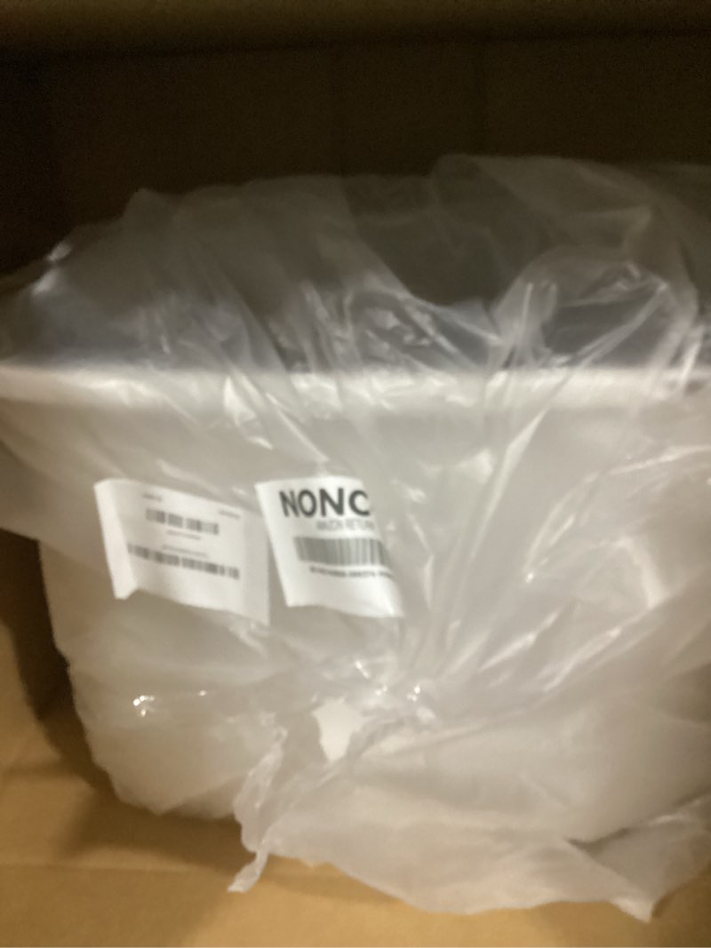 Condition photo showing As Is for iris usa cat litter box, large cat box enclosure, top entry with litter catching lid, enclosed with scoop, white/gray rectangular white w/ scoop