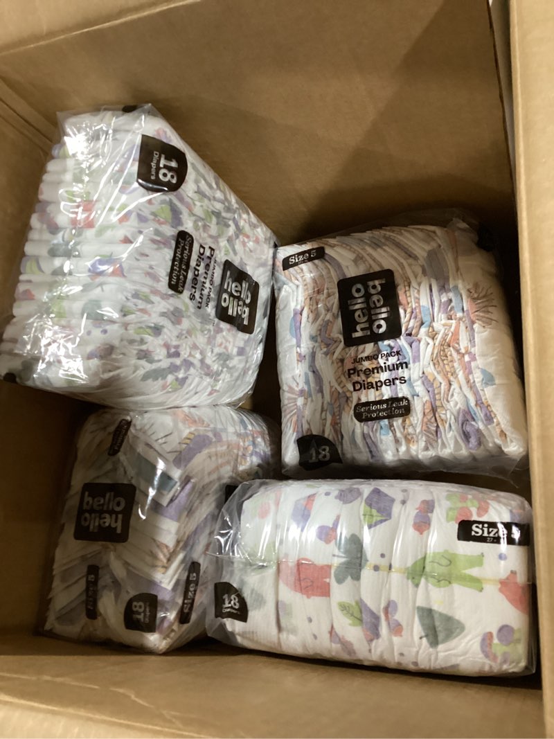 Condition photo showing New/Like New for Hello Bello Premium Diapers, Size 5 (27+ lbs) Surprise Pack for Boys - 72 Count, Hypoallergenic with Soft, Cloth-Like Feel - Assorted Boy & Gender Neutral Patterns Boy/Neutral (Assorted Style) Size 5