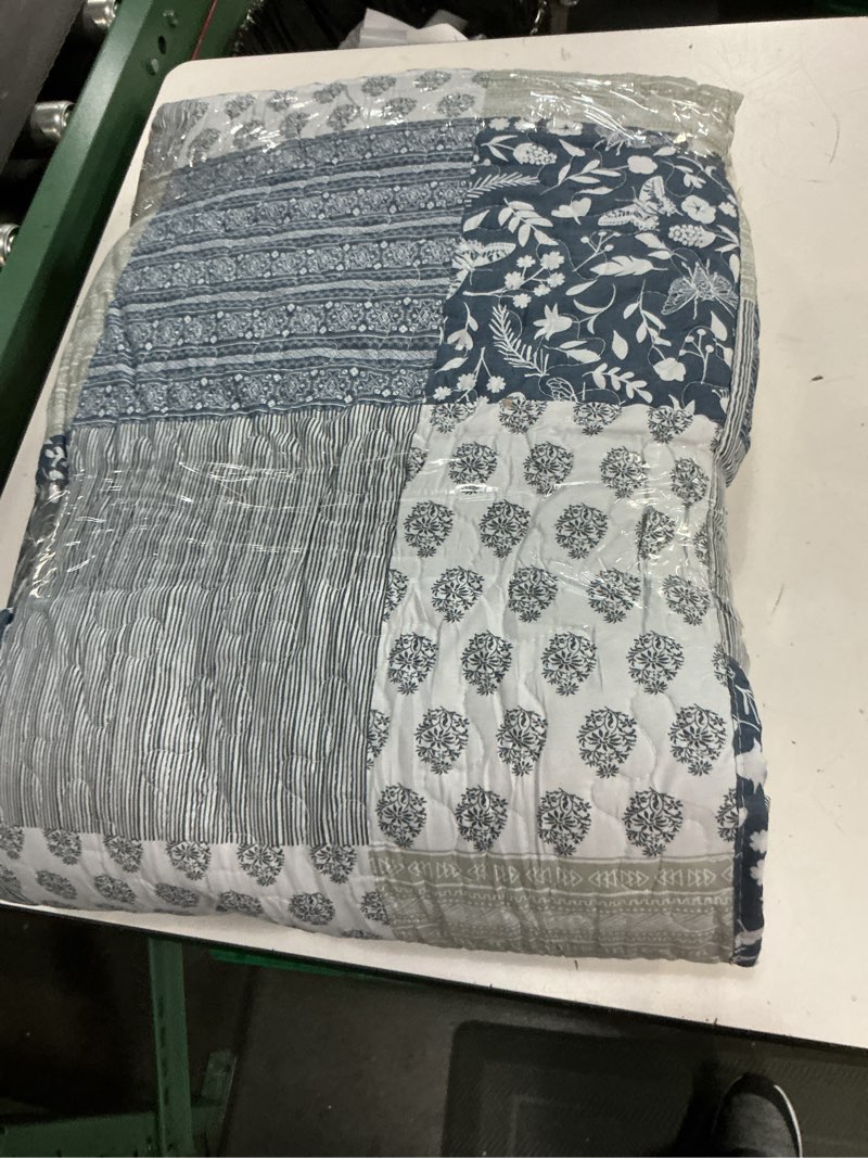 Condition photo showing As Is for cozyholy navy blue gray oversized king quilt set 128x120, 3 piece quilted bedspread set patchwork plaid bedding comforter set reversible lightweight microfiber bed spread coverlet set for all seasons
