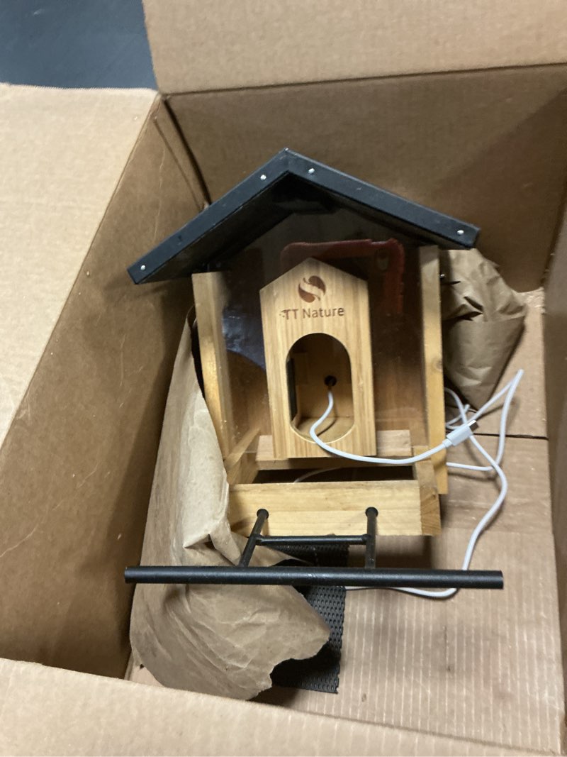 Condition photo showing As Is for tt nature bird feeder with camera, upgraded 1.5l smart birdhouse al identify for 10000 plus species, auto capture & real-time notifications, ideal gift for bird lovers (iron roof) metal