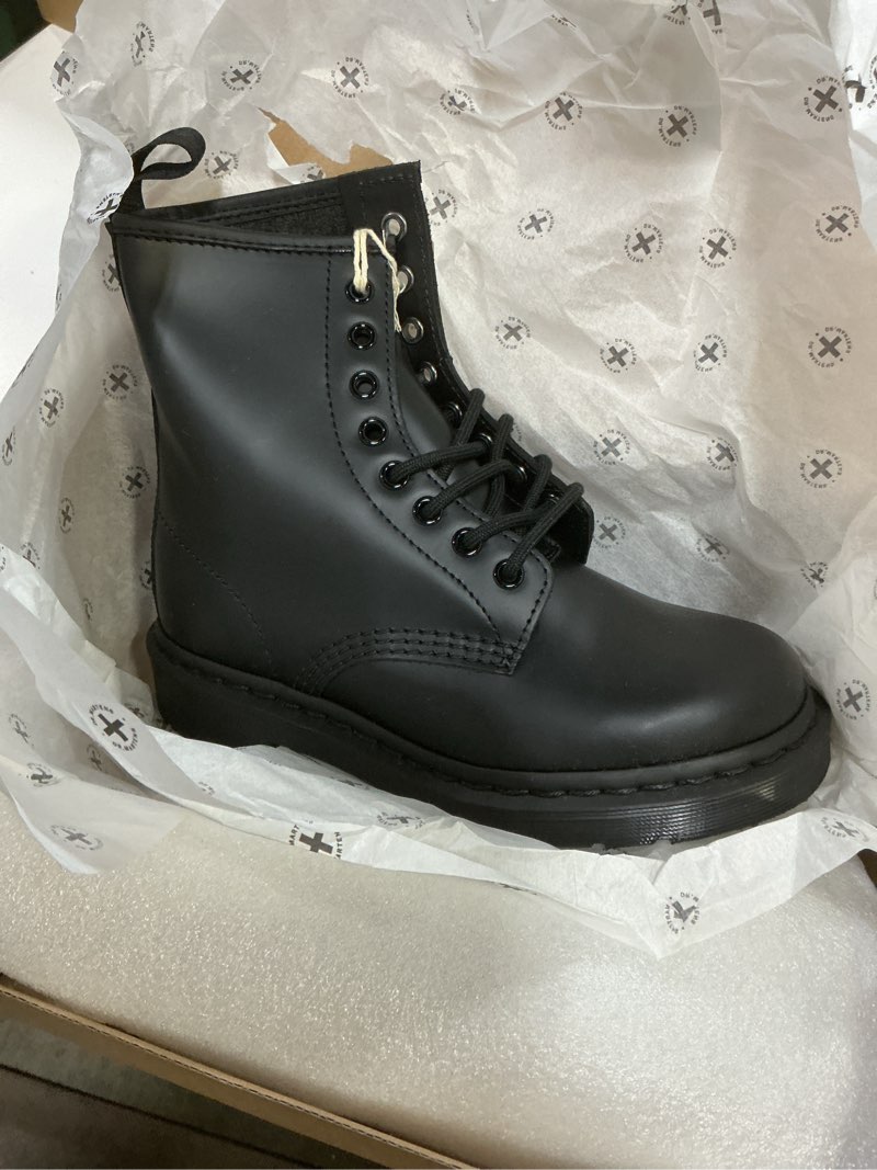 Condition photo showing New/Like New for dr. martens unisex 1460 mono smooth leather 8 eye boot, black, 6 women/5 men