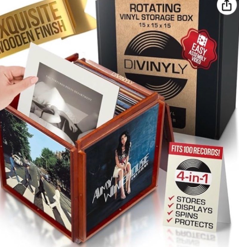 DIVINYLY 4-in-1 Rotating Vinyl Record Storage Box - Wooden Vinyl Display Cube - Rotatable Wood Crate Album Holder and Organizer for 100 Vinyl LP Records Collection - Irregular Finish