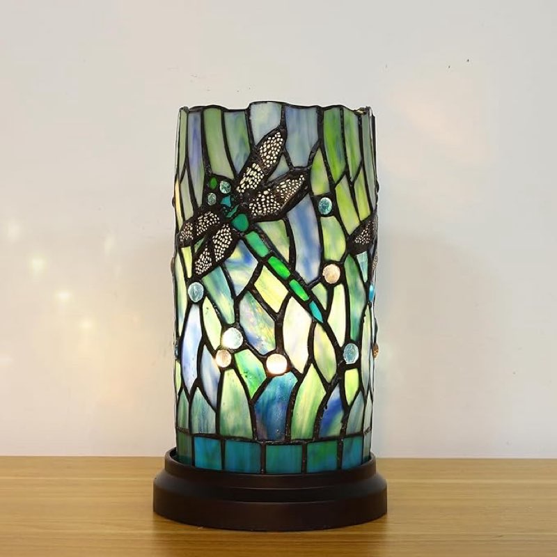 Tiffany Style Table Lamp for Bedroom Baroque Stained Glass Nightstand Bedside Night Lamp Party Light Hand-Made Art Home Deco Christmas Gifts W/ 2 LED Bulbs (3 Color Temperatures+Flame Bulb)