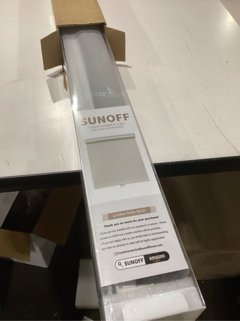 Condition photo showing New/Like New for sunoff blackout roller shades blinds cordless for windows pull down room darkening door blinds with thermal insulated easy to install for living room,bedroom,home,office bathroom grey 29" w x 72" h 29"w x 72"h grey