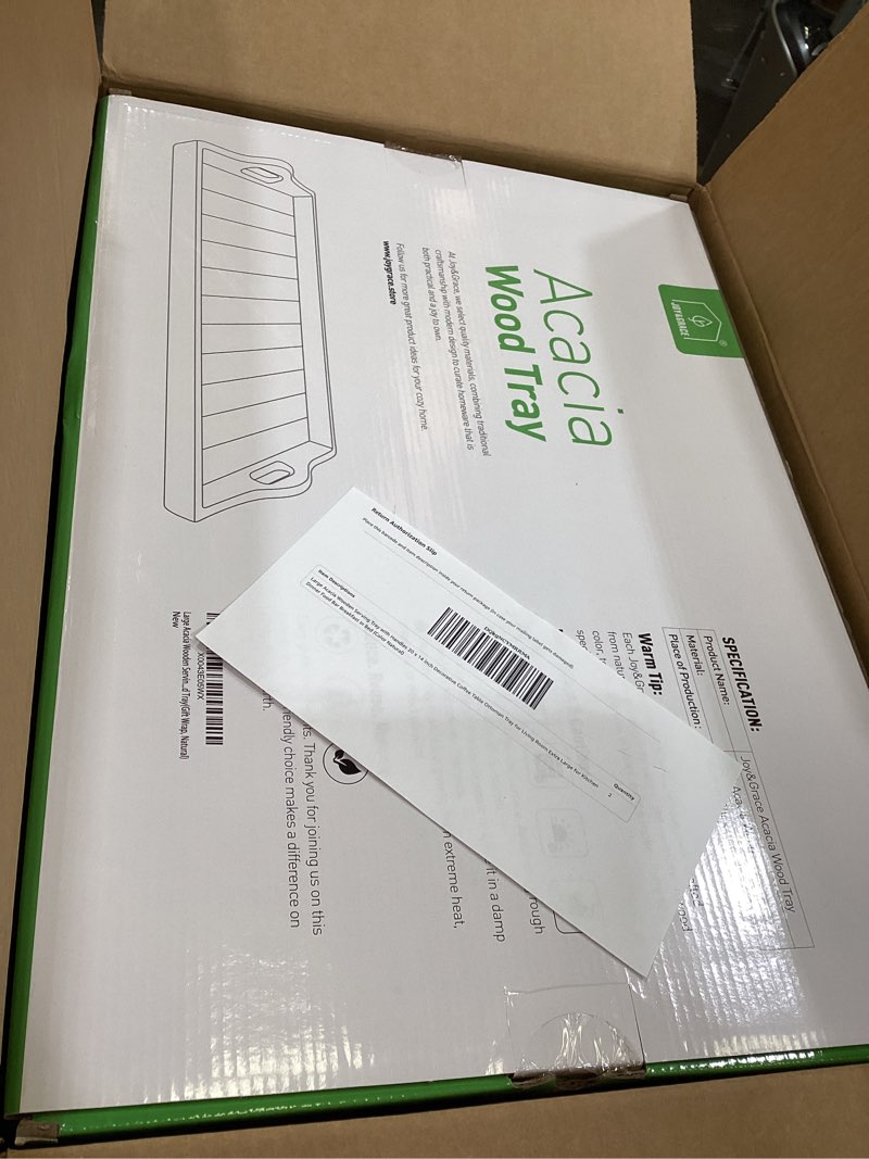 Condition photo showing Good Condition for Large Acacia Wooden Serving Tray with Handles 20 x 14 inch Decorative Coffee Table Ottoman Tray for Living Room Extra Large for Kitchen Dinner Food Bar Breakfast in Bed (Color Natural) 20" x 14" x 2.4" Natural Wood