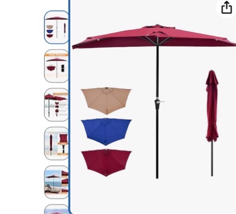 Condition photo showing As Is for olixis 9ft patio umbrella with tilt and crank button & 8 sturdy ribs waterproof, patio table umbrella perfect for poolside, terrace, beach and outdoor restaurant, blue blue 9ft